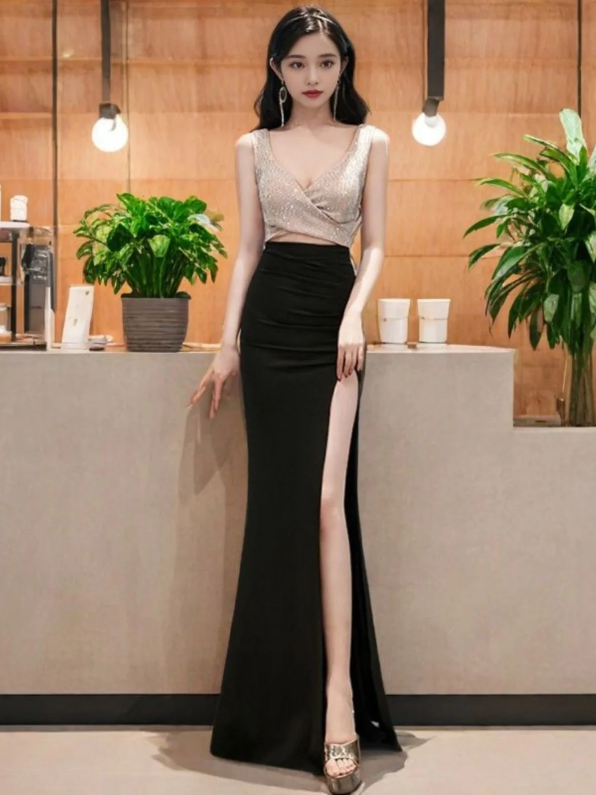 

Сексуальное вечернее платье русалки с высоким разрезом, длинная юбка, женское бальное платье из полиэфирного волокна для взрослых, бальное платье для церемонии хозяина