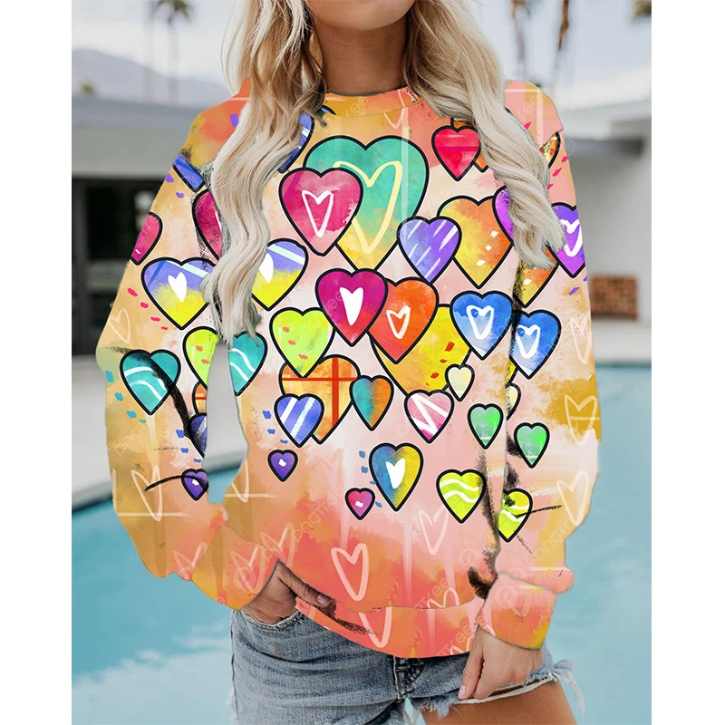 Colorful Heart Pattern Graffiti Art Love 3D Print Sweatshirts Women Long Sleeve Hoodies Streetwear Pullovers Top Female Clothing