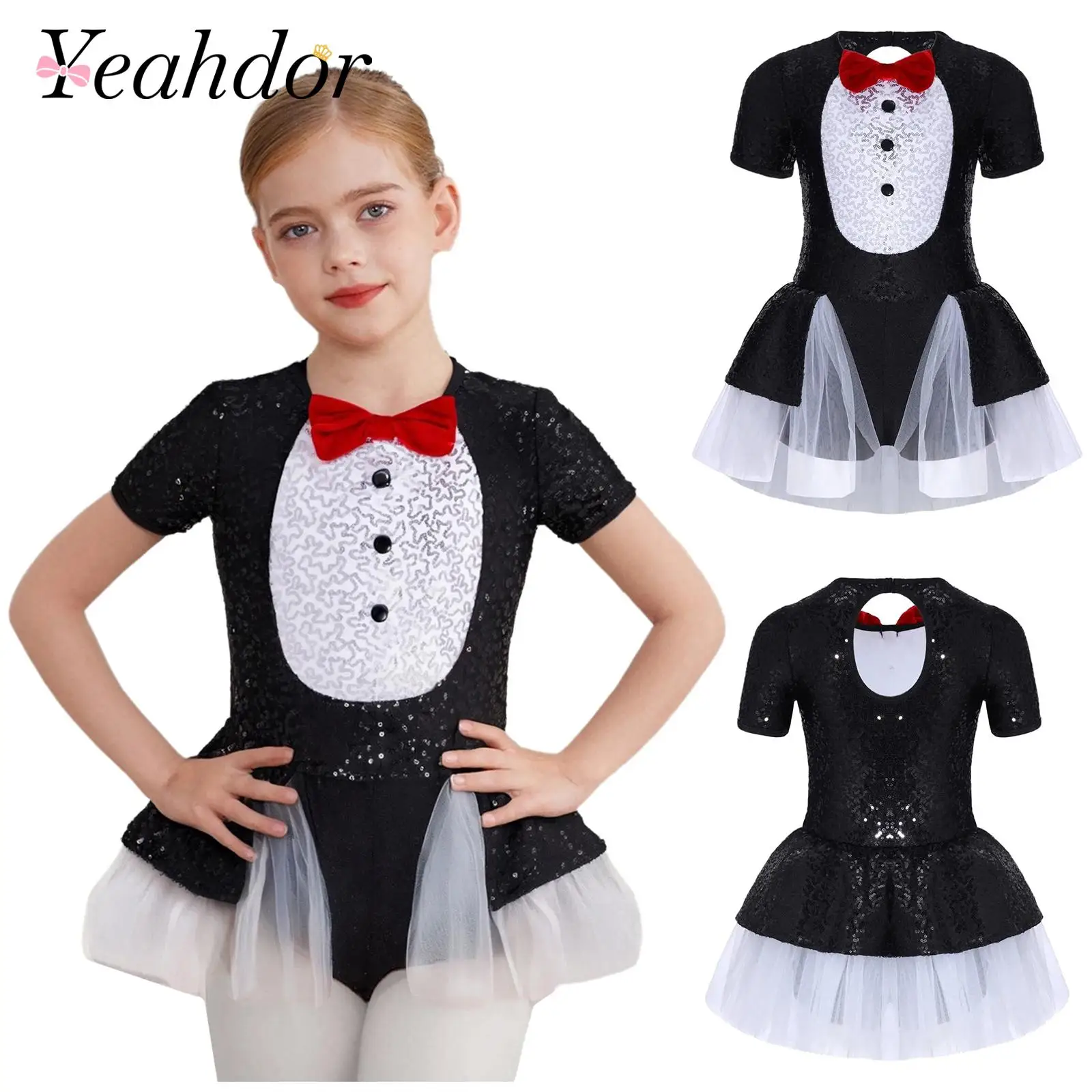 

Kids Girls Birthday Party Fancy Dress Animal Penguin Costume Bow Tie Sequins Dress Outfit Halloween Carnival Cosplay Clothing
