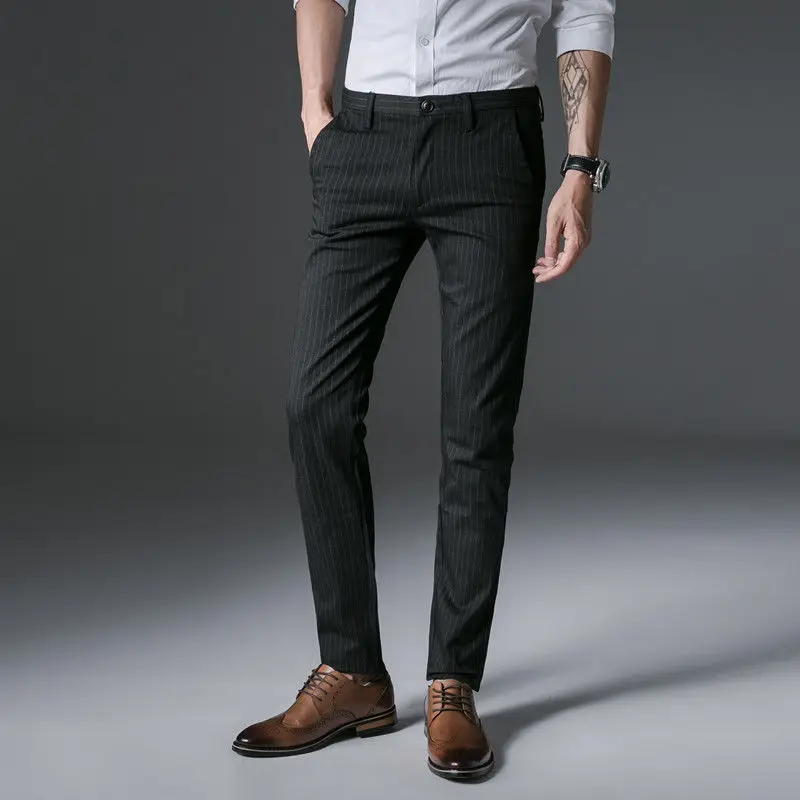 

Striped Slim Fit Business Man 9 Cropped Suits Pants Elegant Fashion Spring Clothes Vintage Chinese Homme Suit Trousers for Men