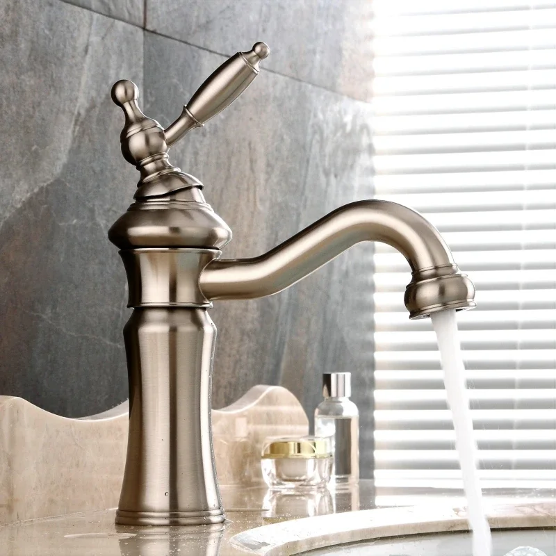 

Basin Faucets Solid Brass Nickle Brushed Bathroom Faucet Single Handle Swivel Spout Hot Cold Water Basin Mixer Tap