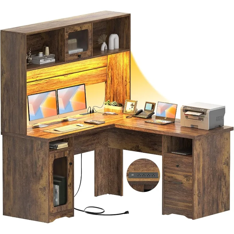 L Shaped Desk with Drawers, 60 Inch Office Desk with Power Outlet and LED Lights, Sturdy Corner Computer Desk