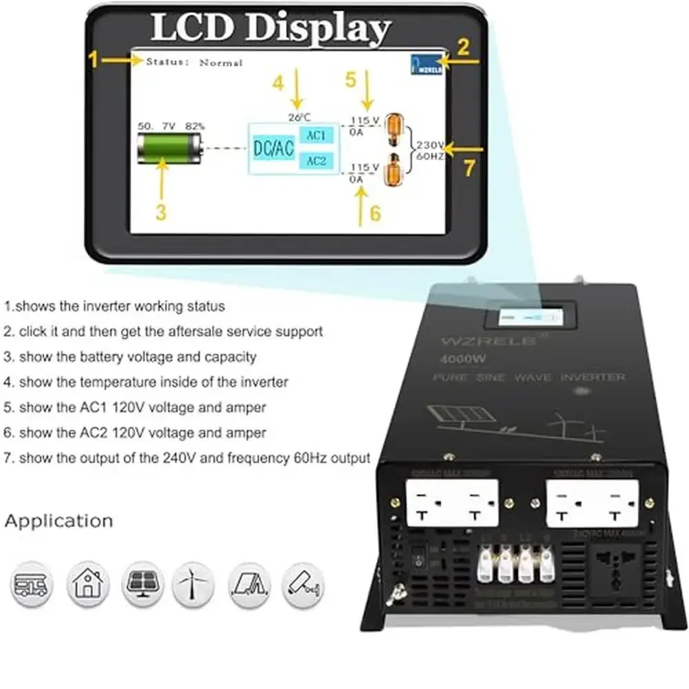 4000W 48V Pure Sine Wave Off-Grid Power Inverter 8KW Surge 5 Outlets Remote Control RV Trailer