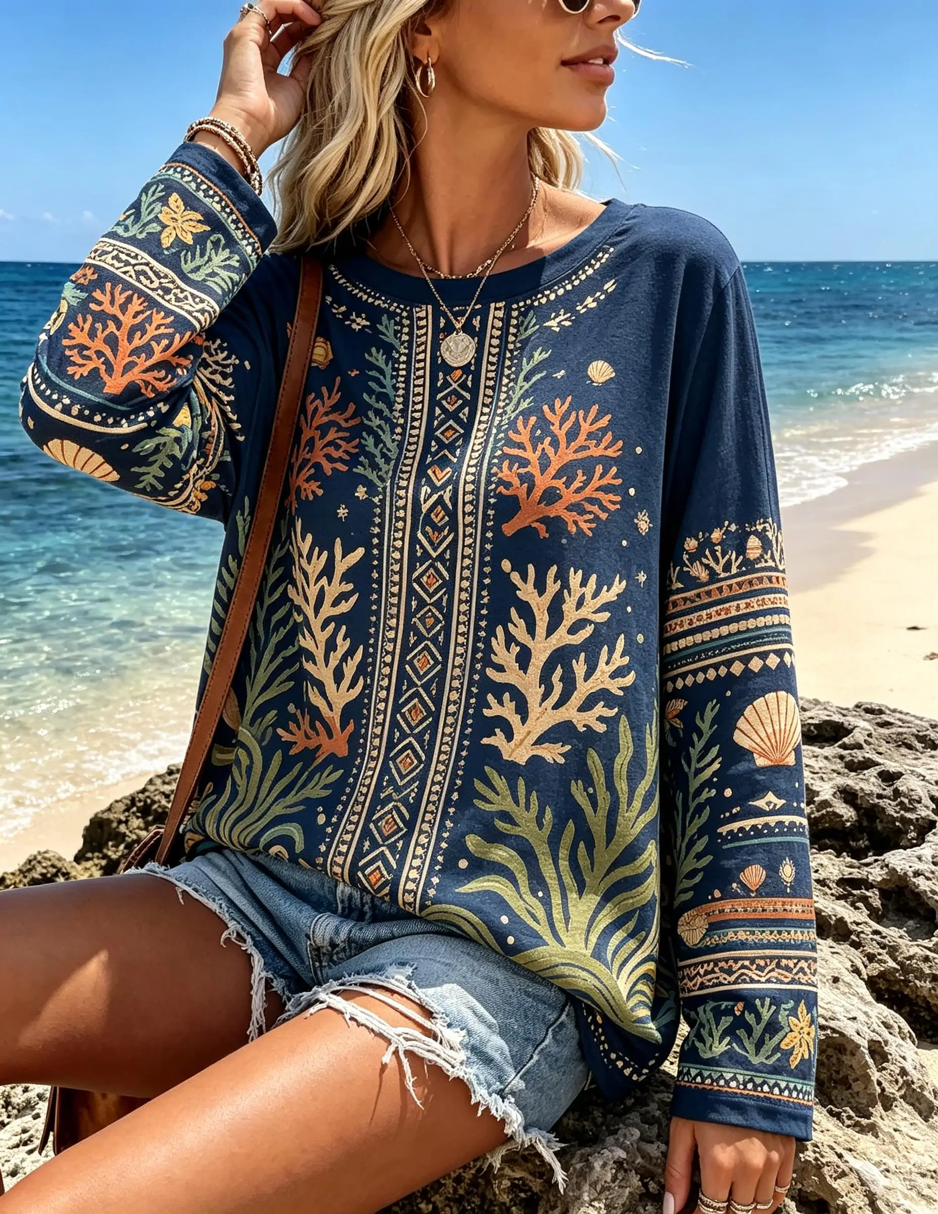 Women Crew Neck Long Sleeve T Shirt Vintage Ocean Coral Seashell Print Oversized Loose Casual Fall Top