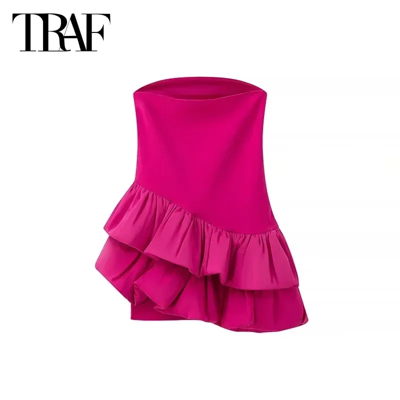 TRAF Asymmetrical Pleated Dress Mini Corset Dress Rosered Short Dresses 2024 Women's Summer Sexy Elegant Party Ladies Fashion