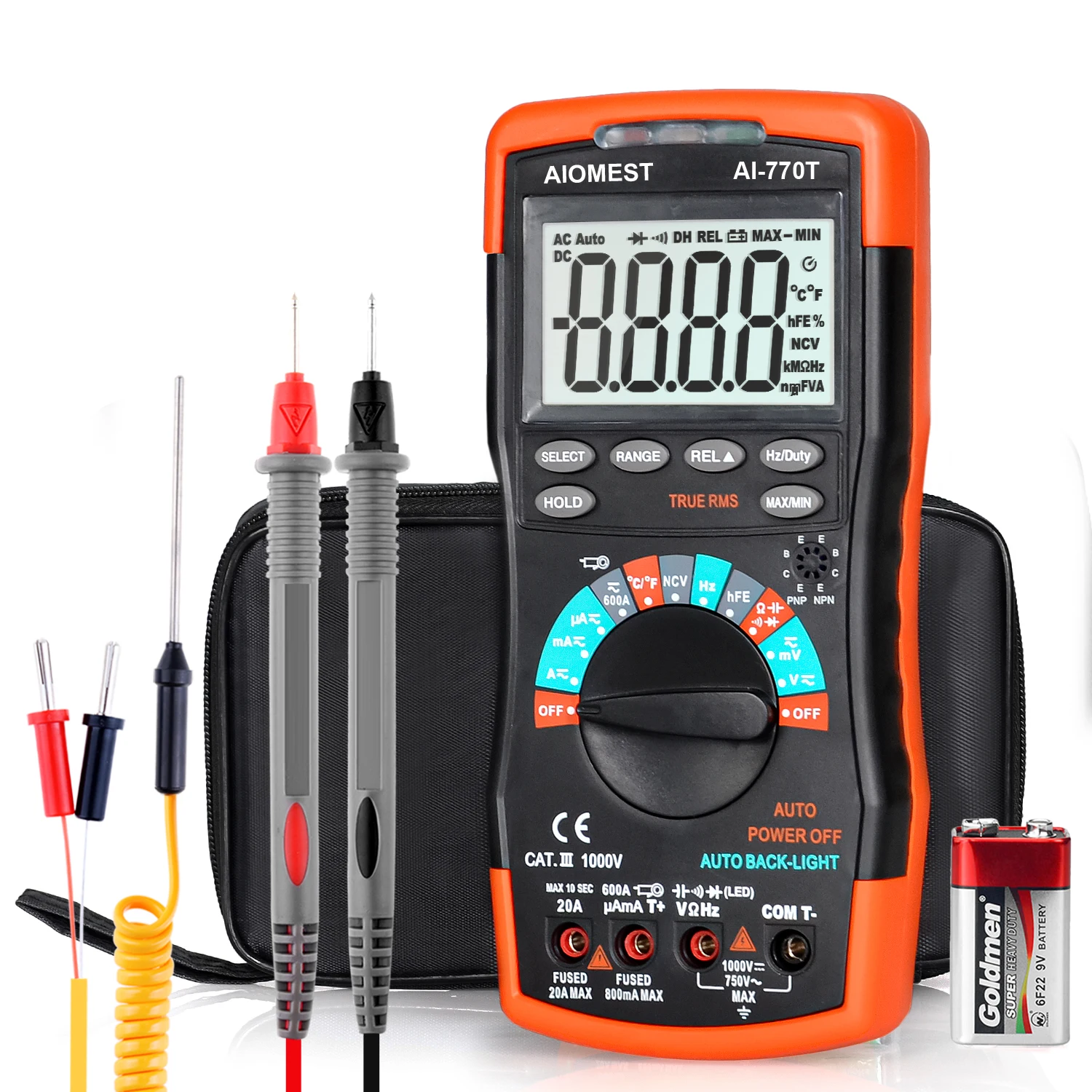 770T True RMS Multimeter 6000 Counts 1000V 20A with NCV Temperature hFE Capacitance