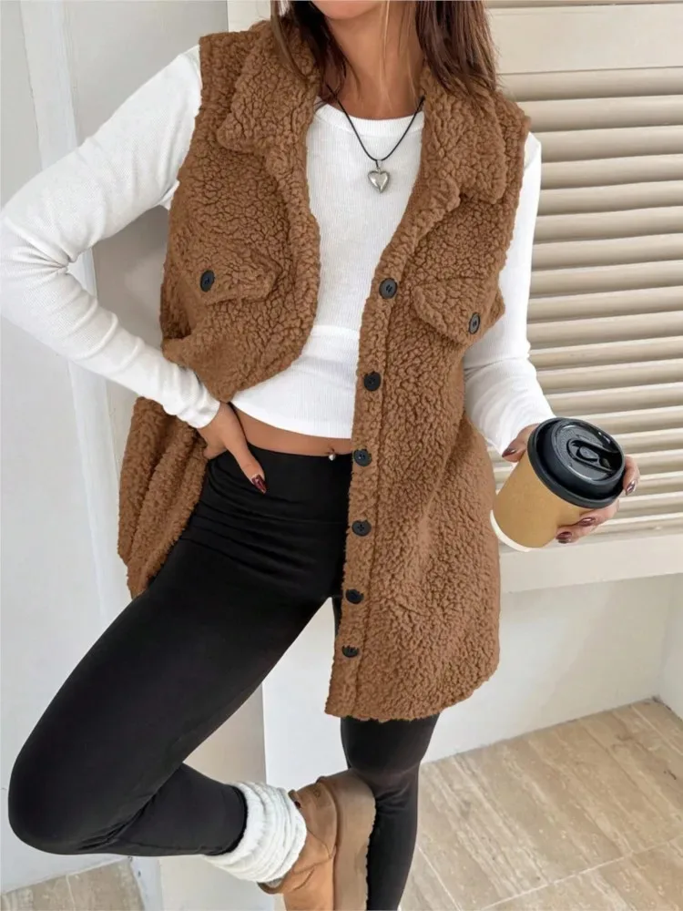 

Fashion Women Lapel Open Button Plush Vest Jacket Female 2025 new Elegant Casual Sherpa Warm Versatile Office Ladie Vest Coat