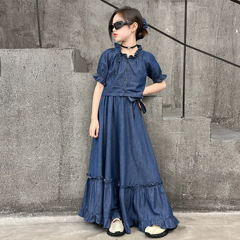 

Girls Suit 2024 Summer New Childrens Clothes Baby Girls Bubble Sleeve Lace-up Top Lace Skirt Two-piece Set Casual Simple Daily