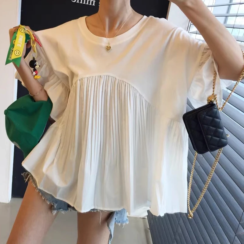 

Clothland Women Fashion White Black Loose Blouse Flare Sleeve Shirt Oversized Summer Casual Tops Blusa Mujer DA566
