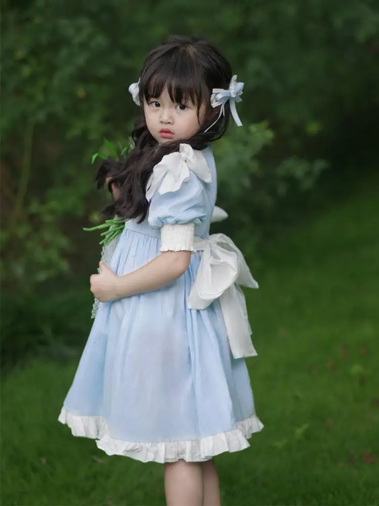 2024 Kids Spanish Clothes Girls HandMade Blue Dress with Big Bow sleeve Baby Pearl Embrodiery Dresses Children Elegant Frocks