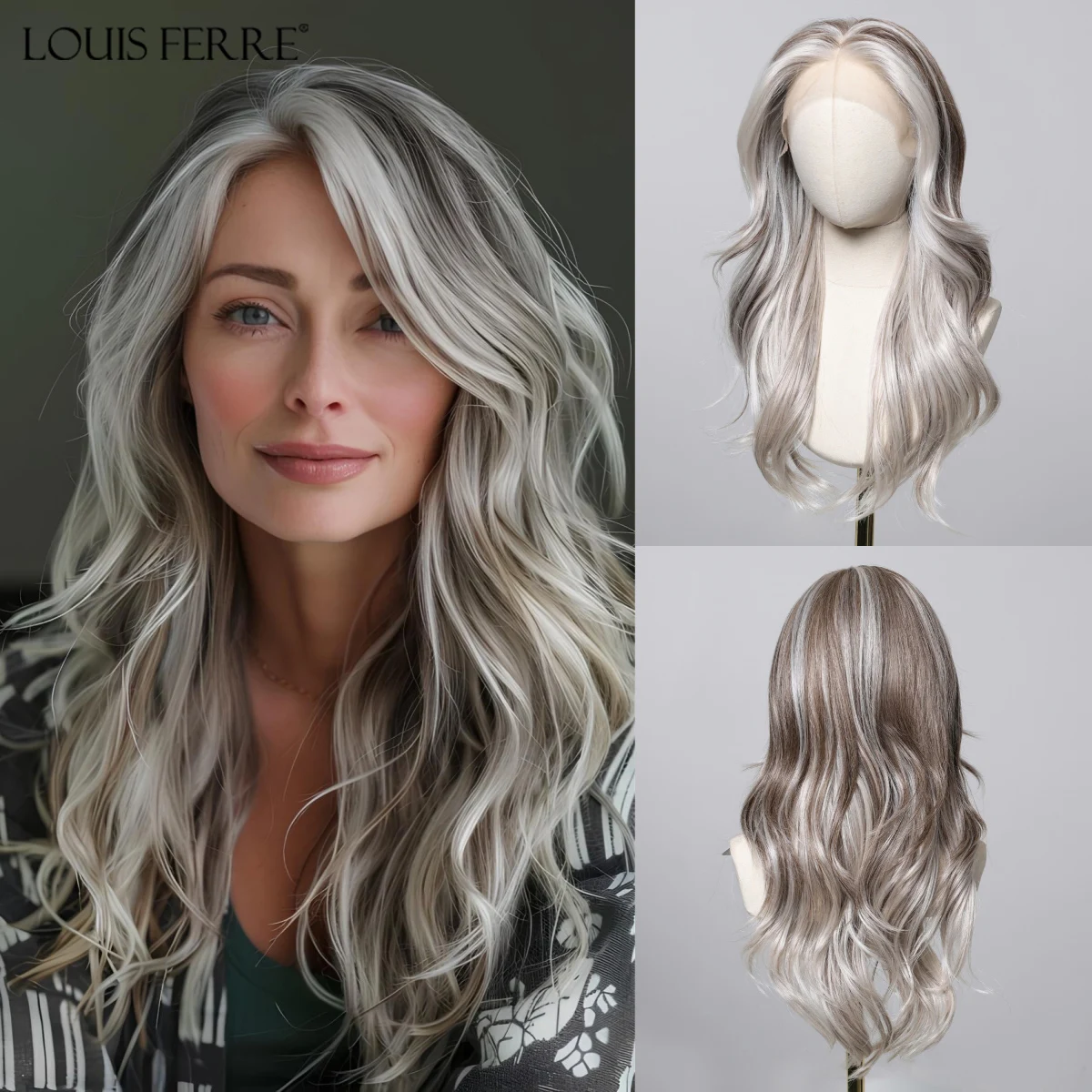 

Long Wavy 13x6 Lace Frontal Synthetic Wig Silver Gray Brown Ombre Wig For Women Daily Use Natural Layered Hair Heat Resistant