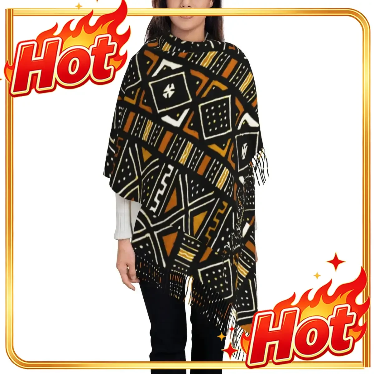 Custom Female Large African Bogolan Scarves Women Winter Thick Warm Tassel Shawl Wrap Africa Ethnic Tribal Art Scarf