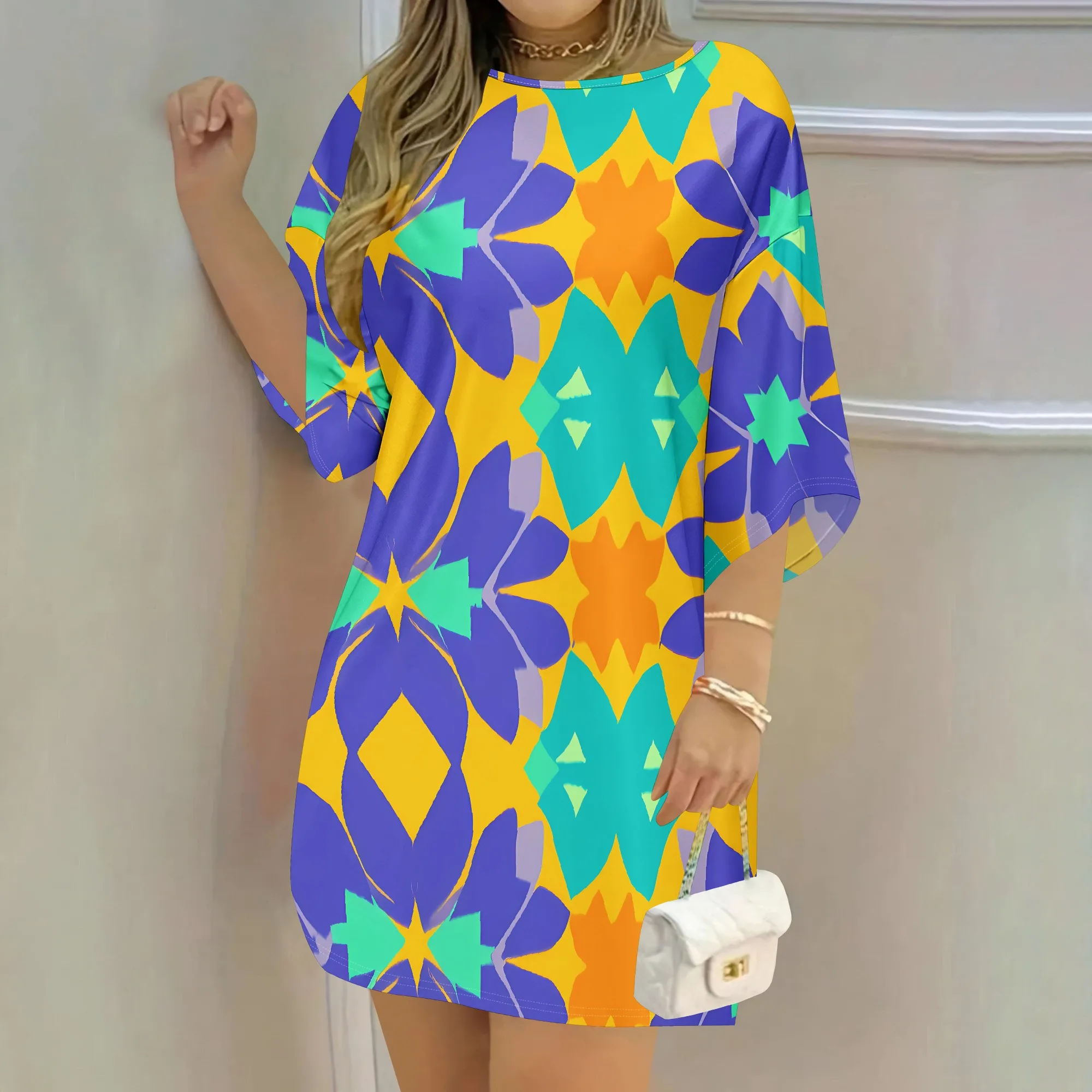 Colorful Geometric Print Dress Vibrant Floral Pattern Tunic Loose Fit Summer Mini Dress for Women Beach Vacation Outfit