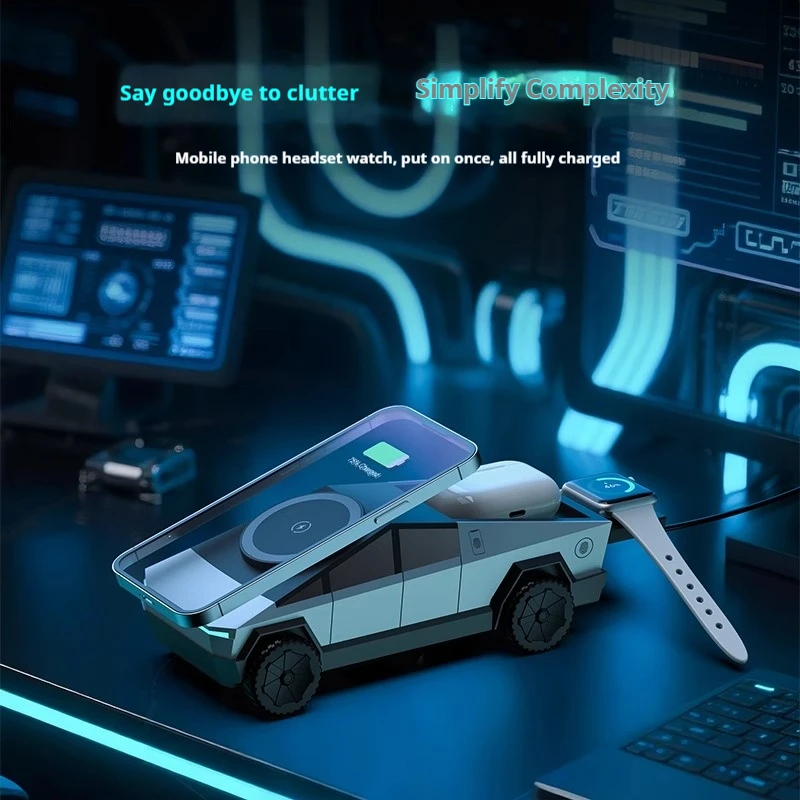 حامل سطح المكتب Cybertruck Qi2 3 في 1 محطة شحن لاسلكية CyberDock لهاتف IPhone16 15 14 Pro Max AirPods IWatch