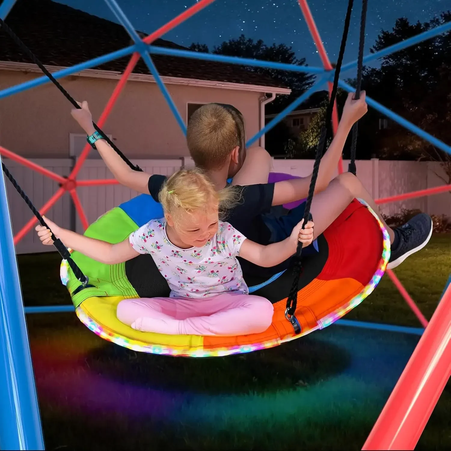 Hapfan Climbing Dome Swing Set with LED Saucer Swing, Jungle Gym for Kids Outdoor Backyard, Supports 800lbs, Easy Asssembly, Rus