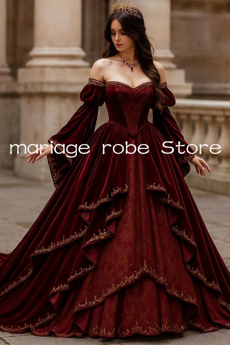 Burgundy Velvet Mediveal Tudor Evening Dresses Off Shoulder Long Sleeve Corset Lace-up Prom Gown Moive Costume Customsized