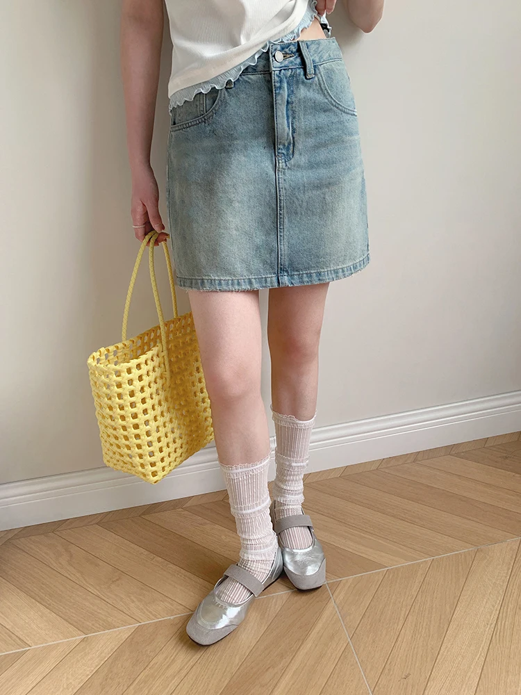 

Джинсовая юбка А-силуэта с завышенной талией и поясом, корейский стиль, модная новинка лета, дышащая хлопковая юбка BORAN