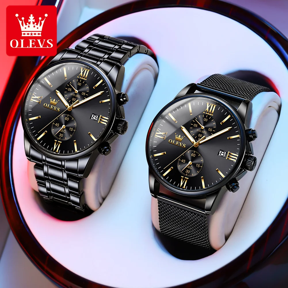 OLEVS New Mens Watches Top Brand Luxury Stainless Steel Waterproof Luminous Chronograph Quartz Watch for Men Relogio Masculino
