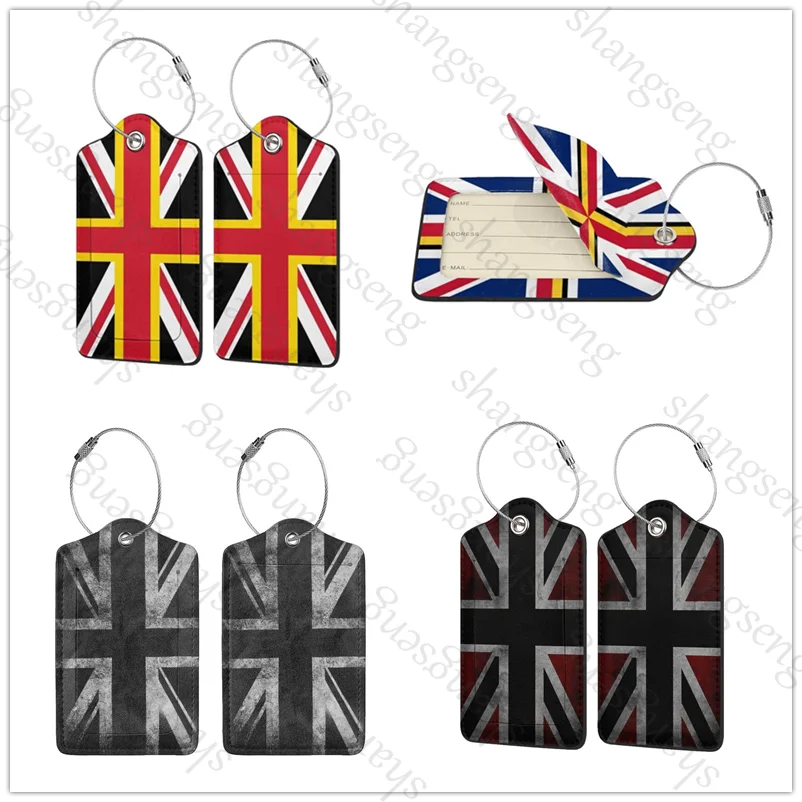 

British flag 1Pcs Leather Luggage Tag ID Tags with PU Privacy, Name Address Labels and Heavy Duty Steel Loop Accessories
