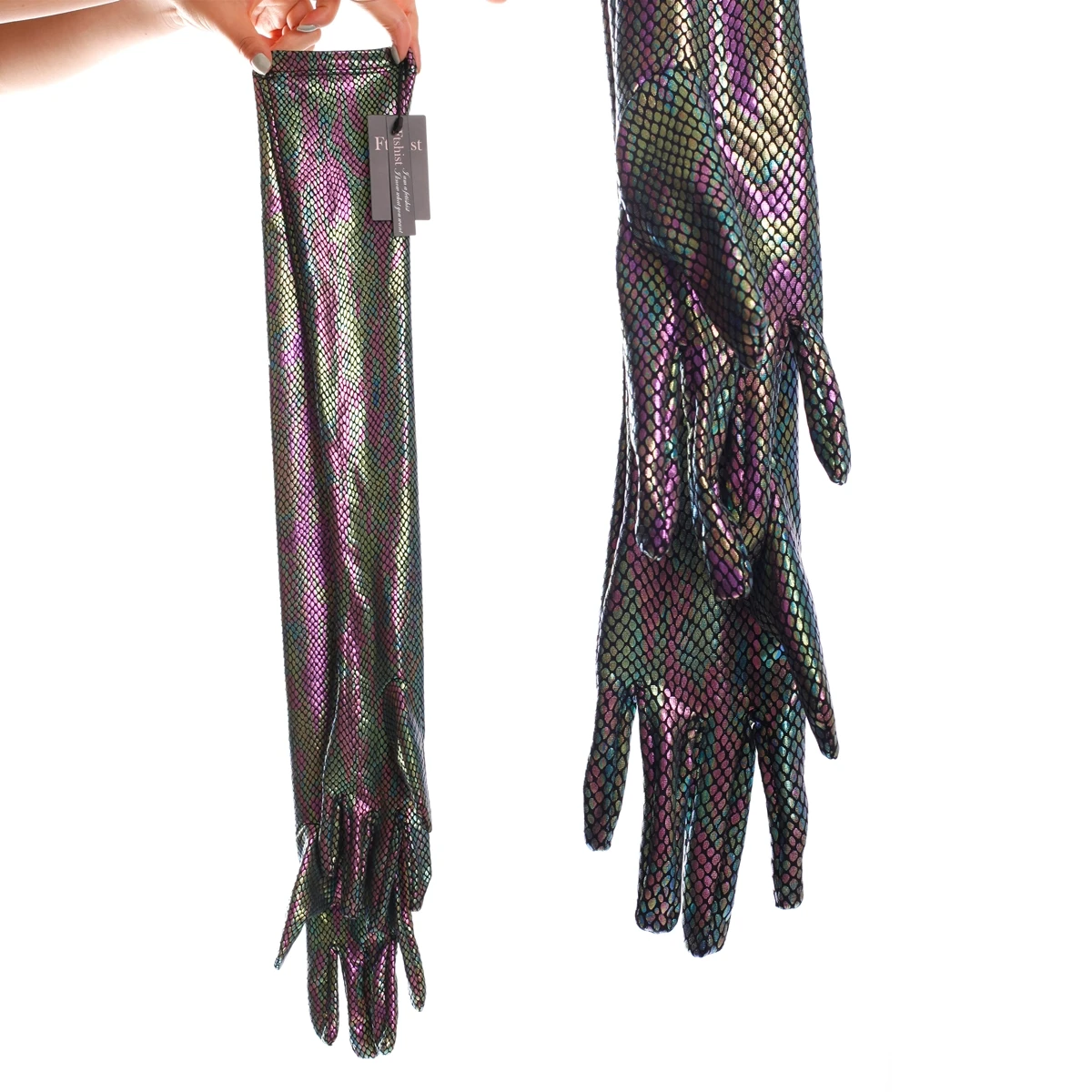 Ftshist-guantes forrados con estampado de piel de serpiente, manoplas largas de 70cm, codo elástico, Color metálico brillante, accesorios de escamas