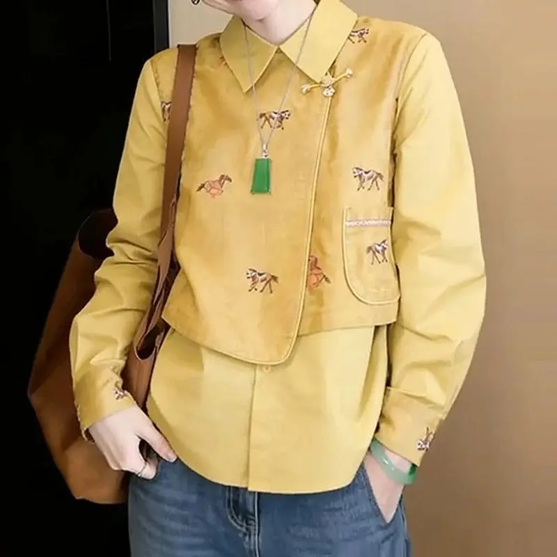 New Chinese Fake Two-piece Pony Shirt Women's Spring New High-end Fashion Age Reduction Unique Temperament Top Exquisite Casual