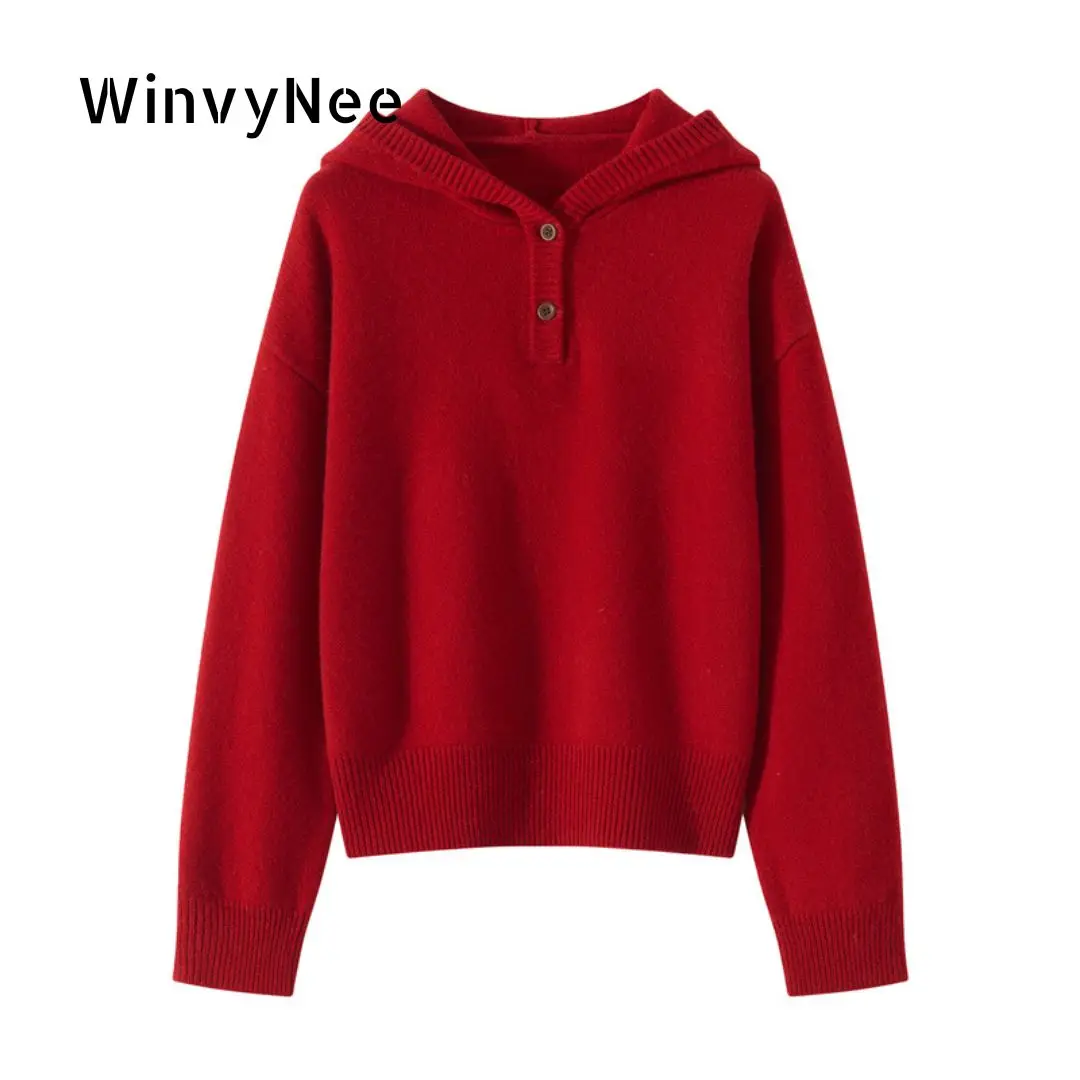 

Зимняя женская одежда WinvyNee, свитер из 100% шерсти с длинными рукавами, однотонный вязаный пуловер с капюшоном и пуговицами, повседневный вязаный пуловер ZA1523003