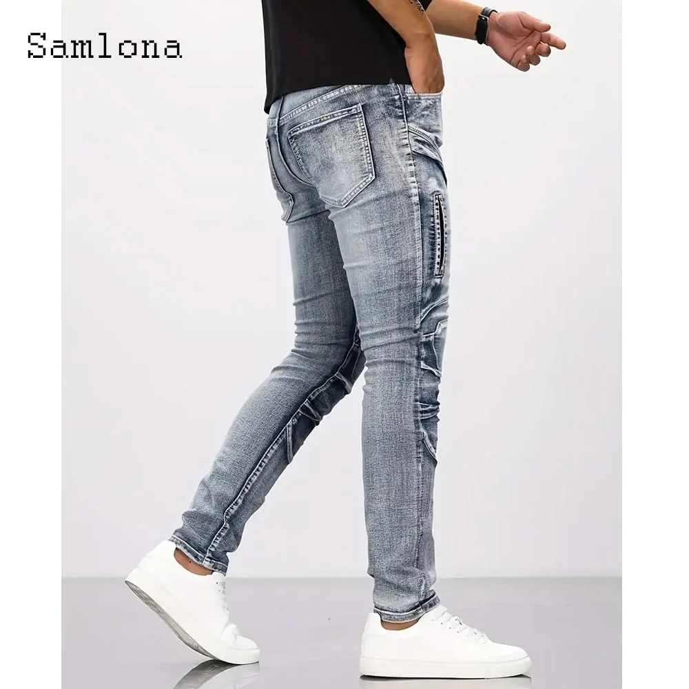 Calça jeans masculina casual com bolso de rua, calça demin 2025, estilo europeu, moda até o tornozelo, calça de moletom masculina nova