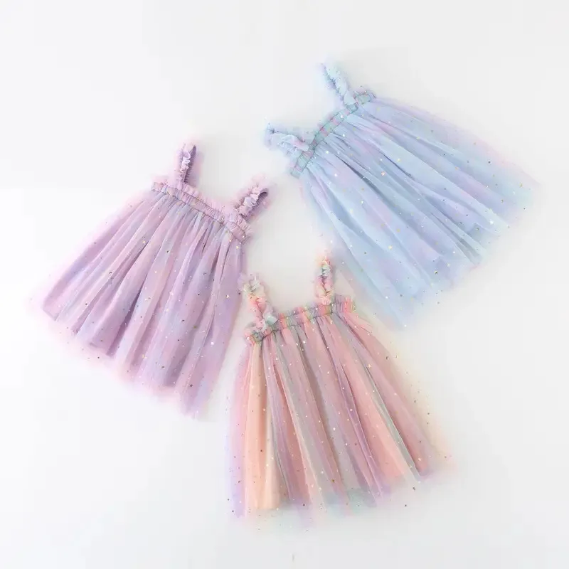 Summer Preschool Girl Baby Dress Rainbow Sequin Thin Gauze Cute Sweet Dress Girl Halloween Unicorn Dress Sling Dress