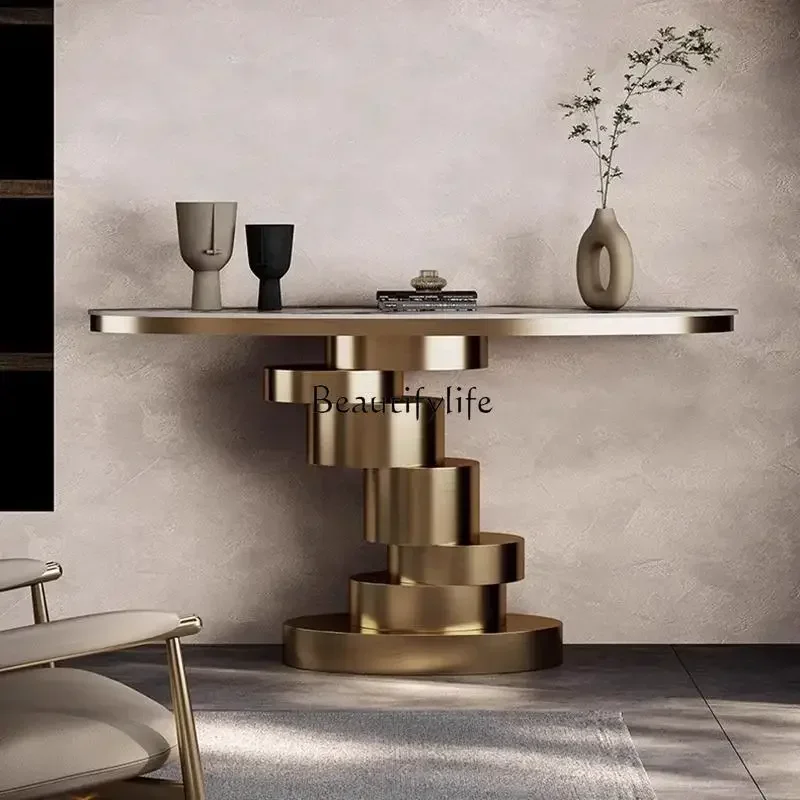 

FG40Light luxury entrance entrance table, foyer entrance table, stainless steel rock slab advanced end view table