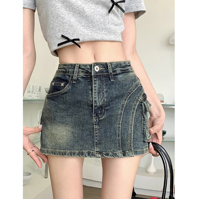 American retro package hip denim half-body skirt shorts female 2024 new design high waist a-line denim skirt shorts tide