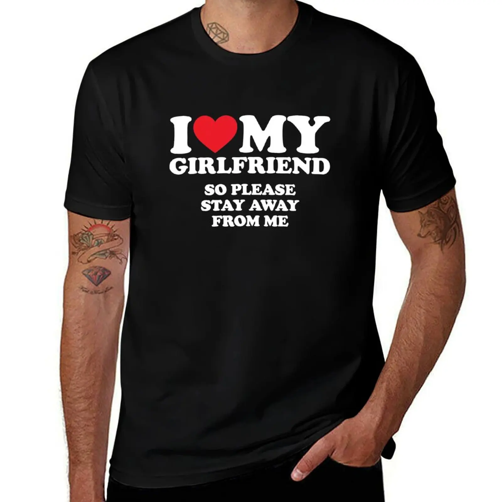 Футболки I Love My Girlfriend, I Love My Girlfriend So Please Stay Away From Me, мужские белые футболки с рисунком