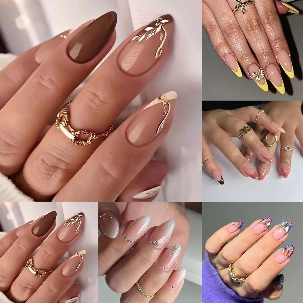 Manicura uñas postizas largas de almendra rosa brillante prensa en uñas hojas simples puntas de uñas DIY