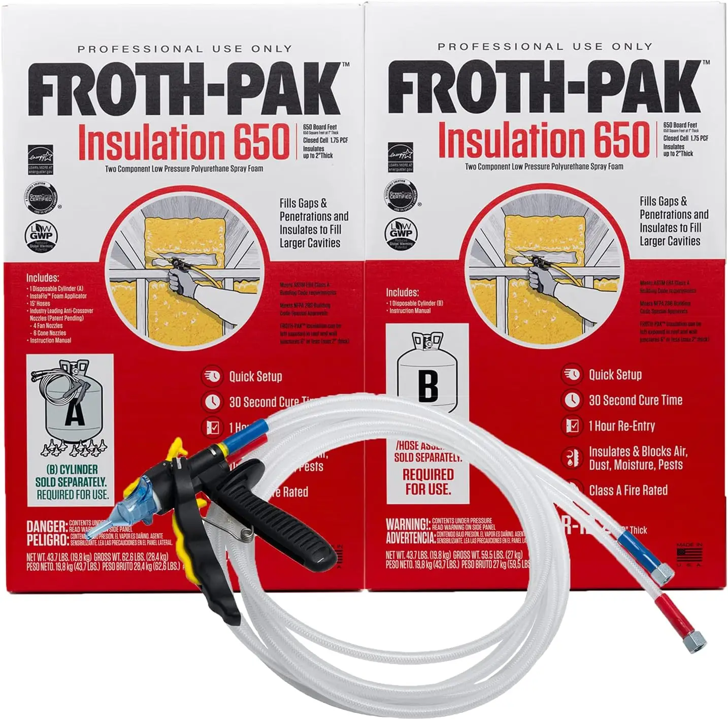 650 Spray Foam Isolatieset, 15 ft slang. Isoleert gaatjes, penetrataties en openingen tot 2" dik. Opbrengst tot 650-bord ft