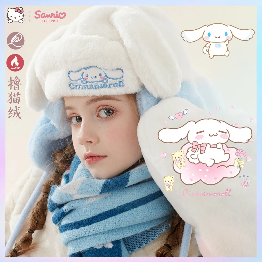 Cartoon Cinnamoroll Kuromi Anime Kawaii Sanrio My Melody Children Hat Winter Cute Fleece Ear Protection Warm Cowl Christmas Gift