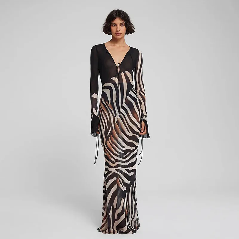 

SKMY 2025 Summer New Women Clothing Fashion Color Contrast Printed Sexy Strap V-Neck Mesh Long Sleeve Dress Party Clubwear