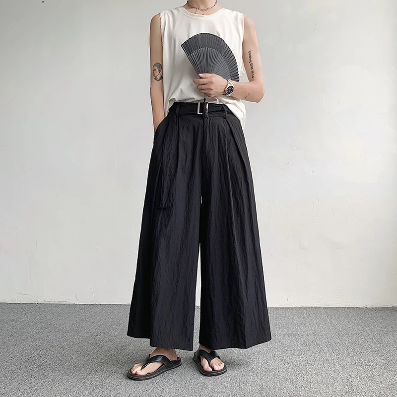 HKSH Spring Summer New High Street Personality Belt Wide Leg Samurai Pants Men's Tide Dark Style Cropped Trousers Fashion HK0964