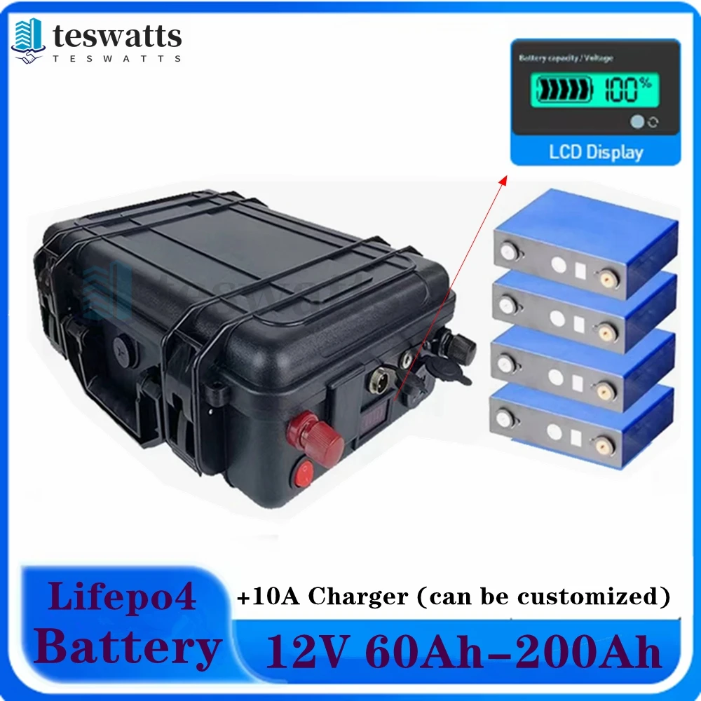 LiFePo4 12V 60AH/80AH/100AH/120AH/150AH/180/200AH Lithium Battery with bms for fish boat vehicle power supply +10A charger