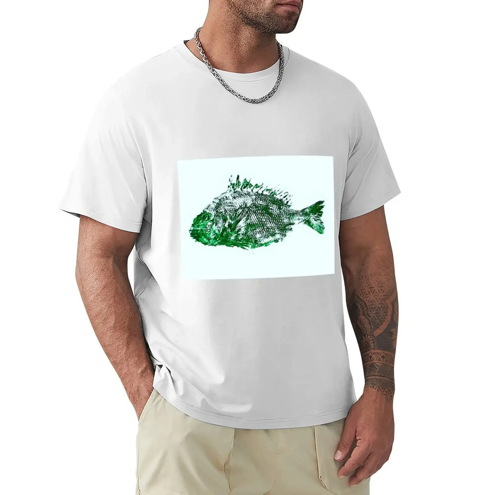 Gyotaku fish rubbing, Florida Sheephead, Surreal Green T-Shirt cute clothes vintage heavy weight t shirts for men