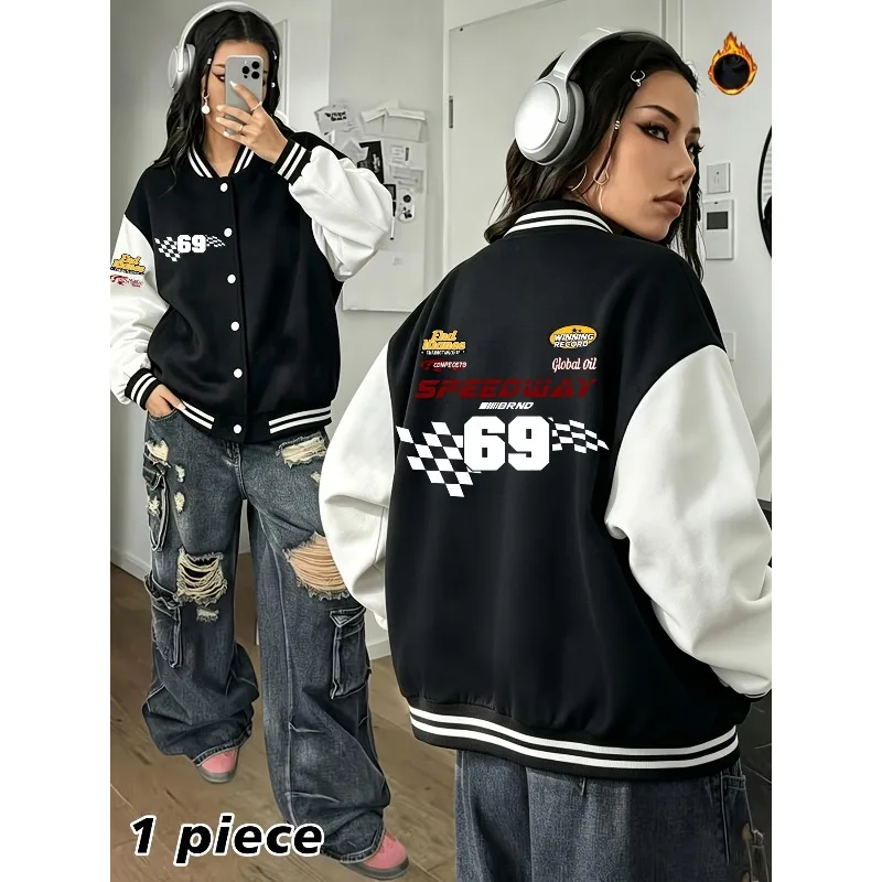 Women's baseball jacket, letter printed color blocked school team jacket, casual baseball top, hip-hop street style outerwear