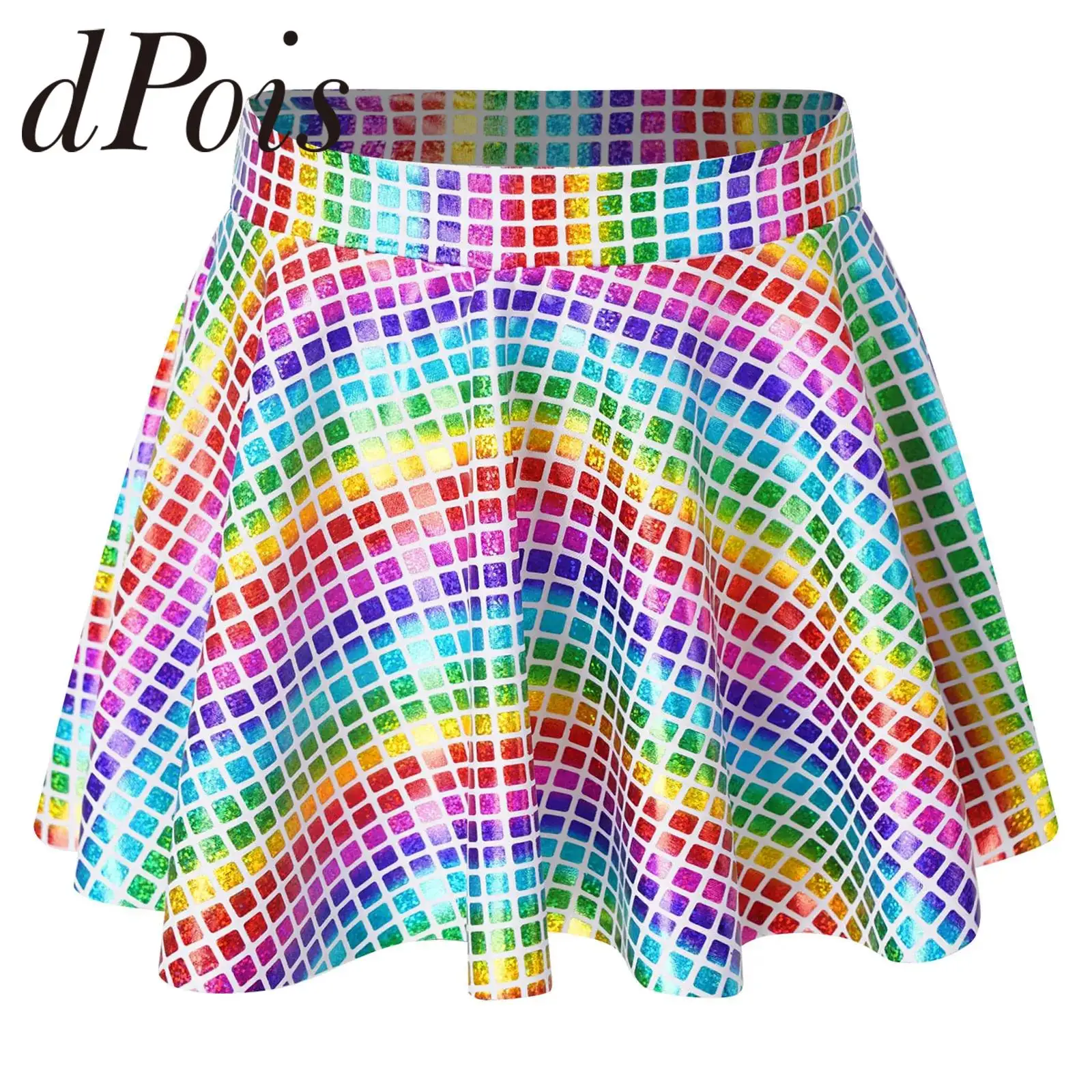 Women Shiny Plaid Sequins Ruffled Skirt Elastic Waistband Mini Skirts for Cheerleading Dance Music Festival Clubwear Rave Outfit