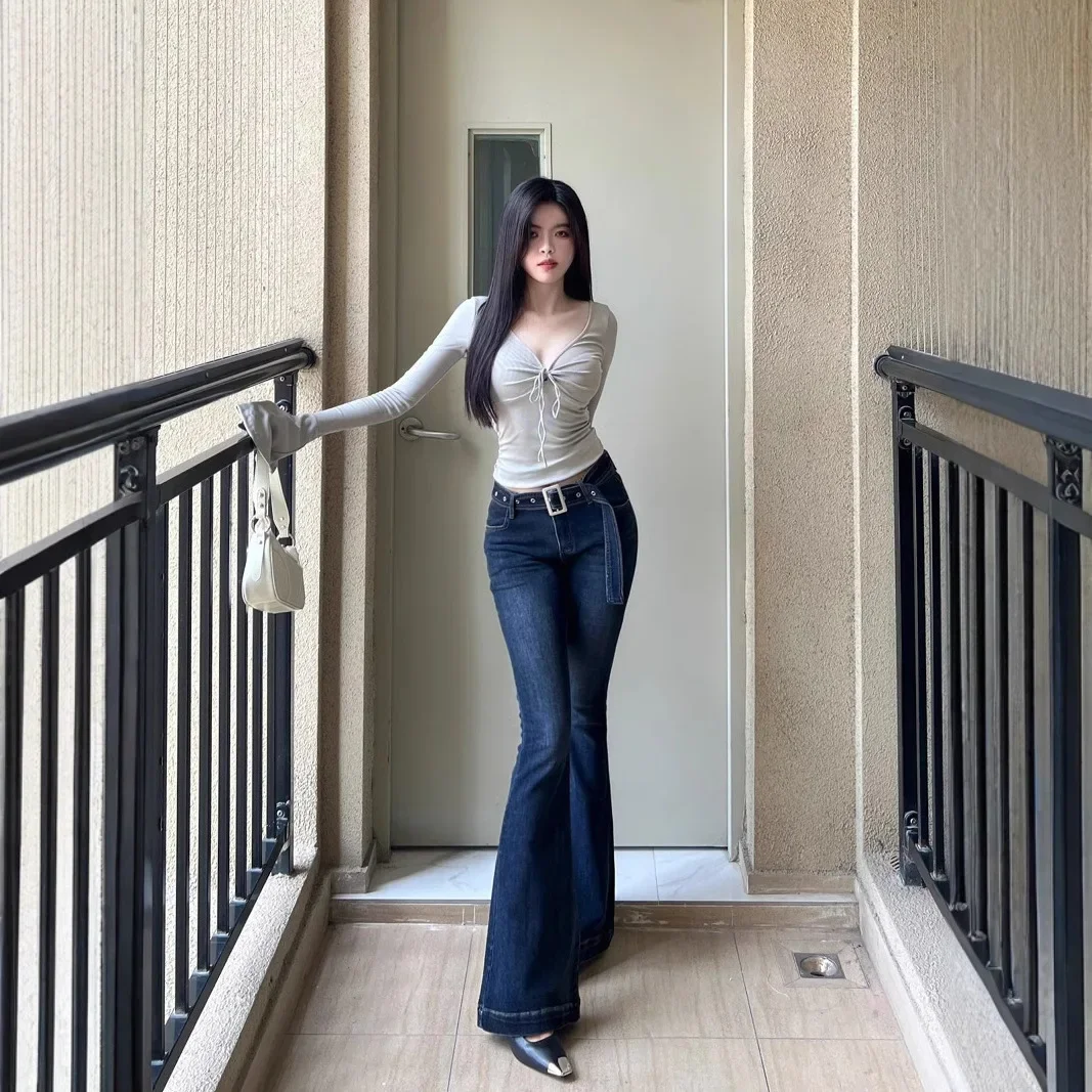 

Slim Fit Low Waist Retro Hong Kong Style Bell Bottom Jeans Women's High Lengthening Elastic Floor Length Pants