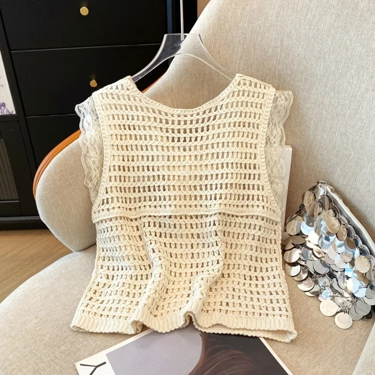 ฤดูร้อนปักเสื้อผู้หญิงแขนกุดดอกไม้ Hollow Out เสื้อ V คอ Patchwork ลูกไม้ถักเสื้อกั๊กเสื้อสเวตเตอร์ถัก