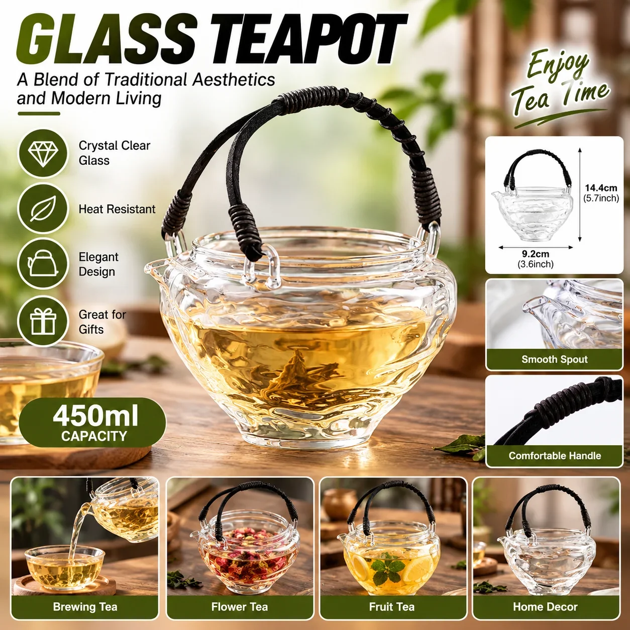 Handmade Rattan Woven Handle 450ml Heat Resistant Glass Tea Pitcher Cold & Hot Brew Sharing Cup for Home Office Tea Gift