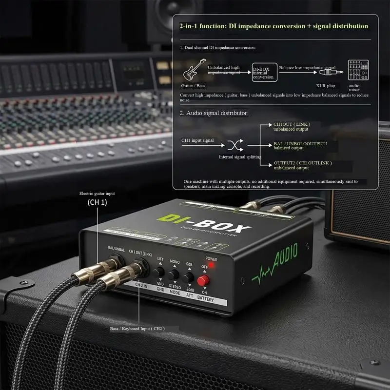 Two-Channel Direct Box with Balanced Conversion, Selectable Output Format, and Link Output for Stage Sound, Reinforcement, and