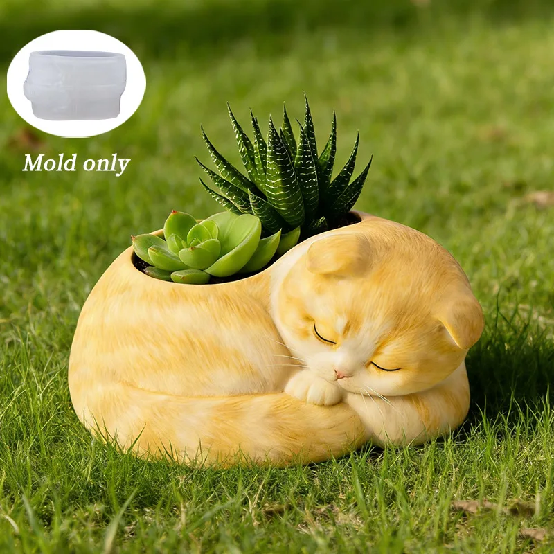 New Mould Curled-Up Sleeping Cat Scented Candle Cup Silicone Mold Flower Pot Ornament Plaster Cup DIY Resin Storage Decor Molds