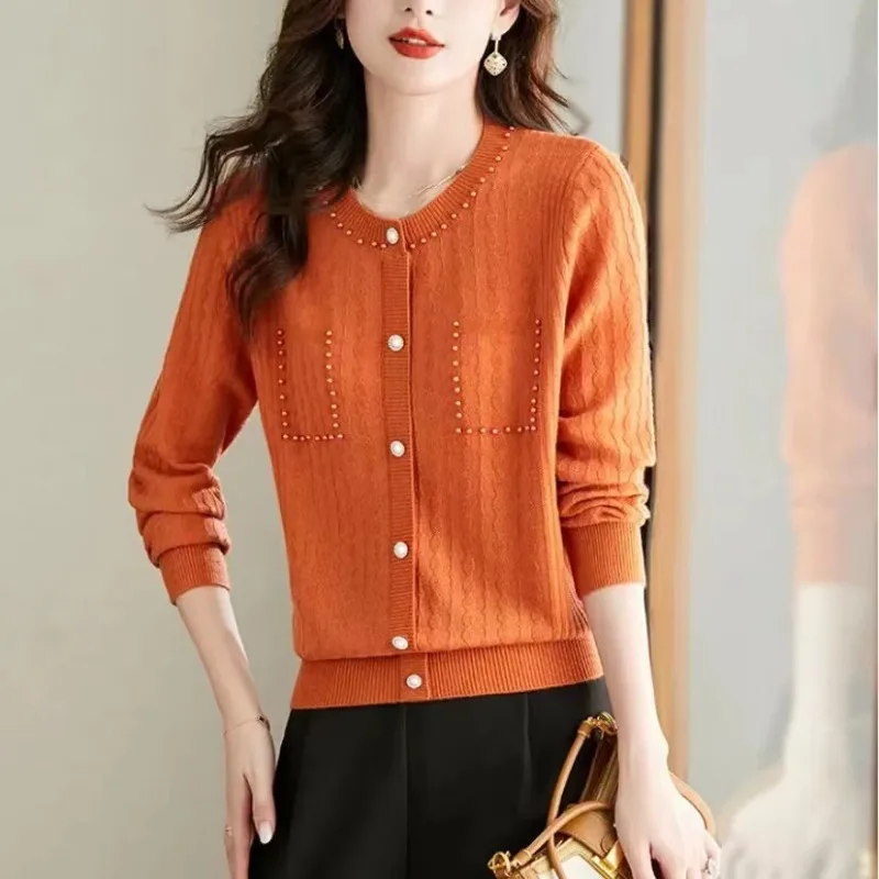 Autumn and Winter Women's Polo Pullover Round Neck Solid Rivet Screw Thread Button Sweater Knitted Underlay Fashion Casual Tops