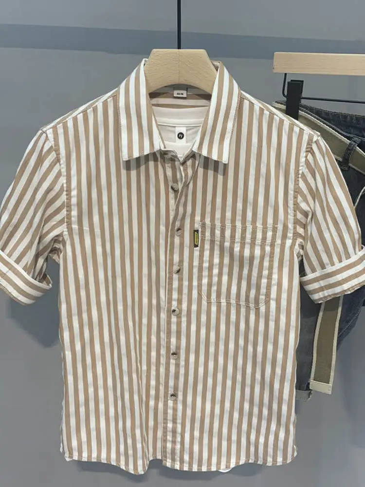 

Summer New Sle Men's Slim Fit ort Sve irt Casual Faion Urban Youth Striped f Sve Turn-down Collar Top