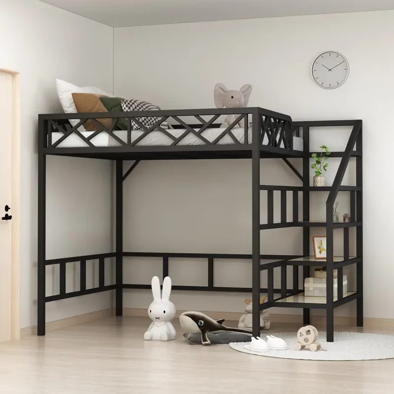 Modern Wrought Iron Elevated Double Bed Space Saving Loft Bunk Bed for Adults and Kids Small Apartment Duplex Second Floor