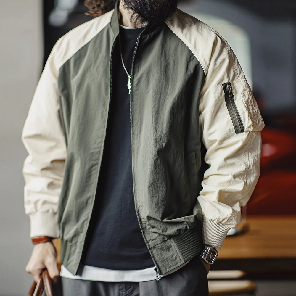Maden Vintage Contrast-color MA1 Bomber Jacket Short Zip-up Pocket Baseball Jacket Men\'s Casual Outerwear for Spring and Autumn