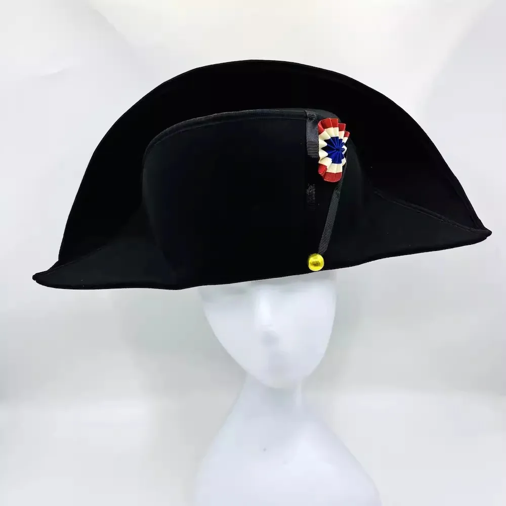 Napoleon French Style Admiral Captains Bicorne Hat Cosplay Woolen Cap Black Men Adult Prop Accessories 59cm Head Size